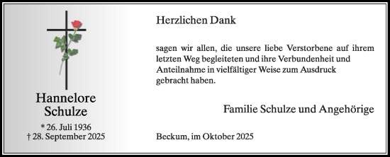Traueranzeige von Hannelore Schulze von Die Glocke