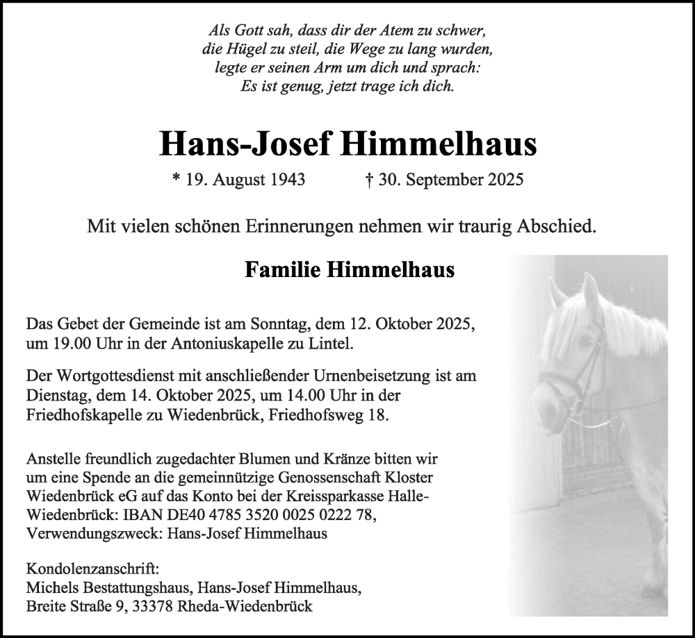  Traueranzeige für Hans-Josef Himmelhaus vom 11.10.2025 aus Die Glocke
