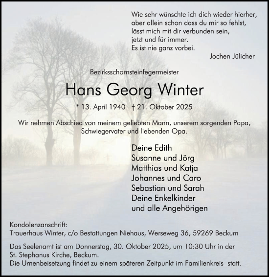 Traueranzeige von Hans Georg Winter von Die Glocke