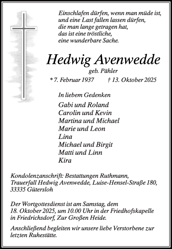 Traueranzeige von Hedwig Avenwedde von Die Glocke
