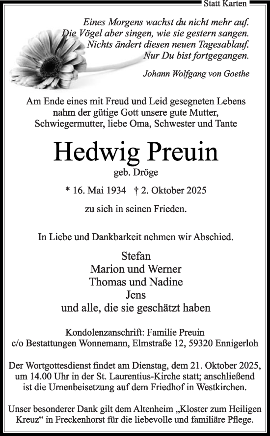 Traueranzeige von Hedwig Preuin von Die Glocke