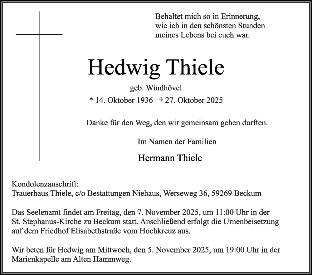  Traueranzeige für Hedwig Thiele vom 31.10.2025 aus Die Glocke