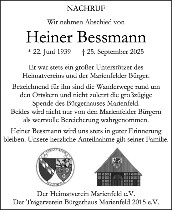 Traueranzeige von Heiner Bessmann von Die Glocke
