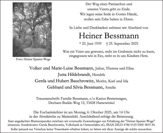 Traueranzeige von Heiner Bessmann von Die Glocke