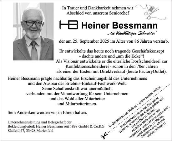 Traueranzeige von Heiner Bessmann von Die Glocke