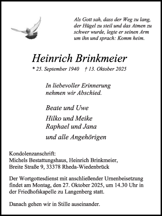 Traueranzeige von Heinrich Brinkmeier von Die Glocke