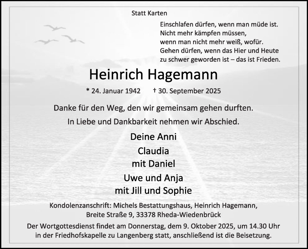  Traueranzeige für Heinrich Hagemann vom 04.10.2025 aus Die Glocke