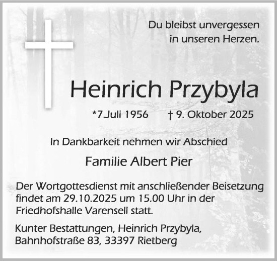 Traueranzeige von Heinrich Przybyla von Die Glocke