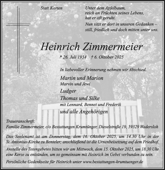 Traueranzeige von Heinrich Zimmermeier von Die Glocke