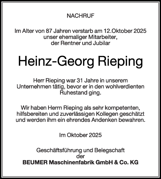Traueranzeige von Heinz-Georg Rieping von Die Glocke