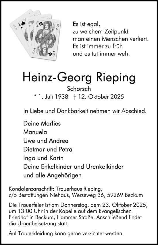 Traueranzeige von Heinz-Georg Rieping von Die Glocke