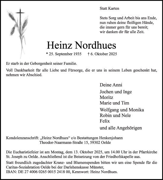 Traueranzeige von Heinz Nordhues von Die Glocke