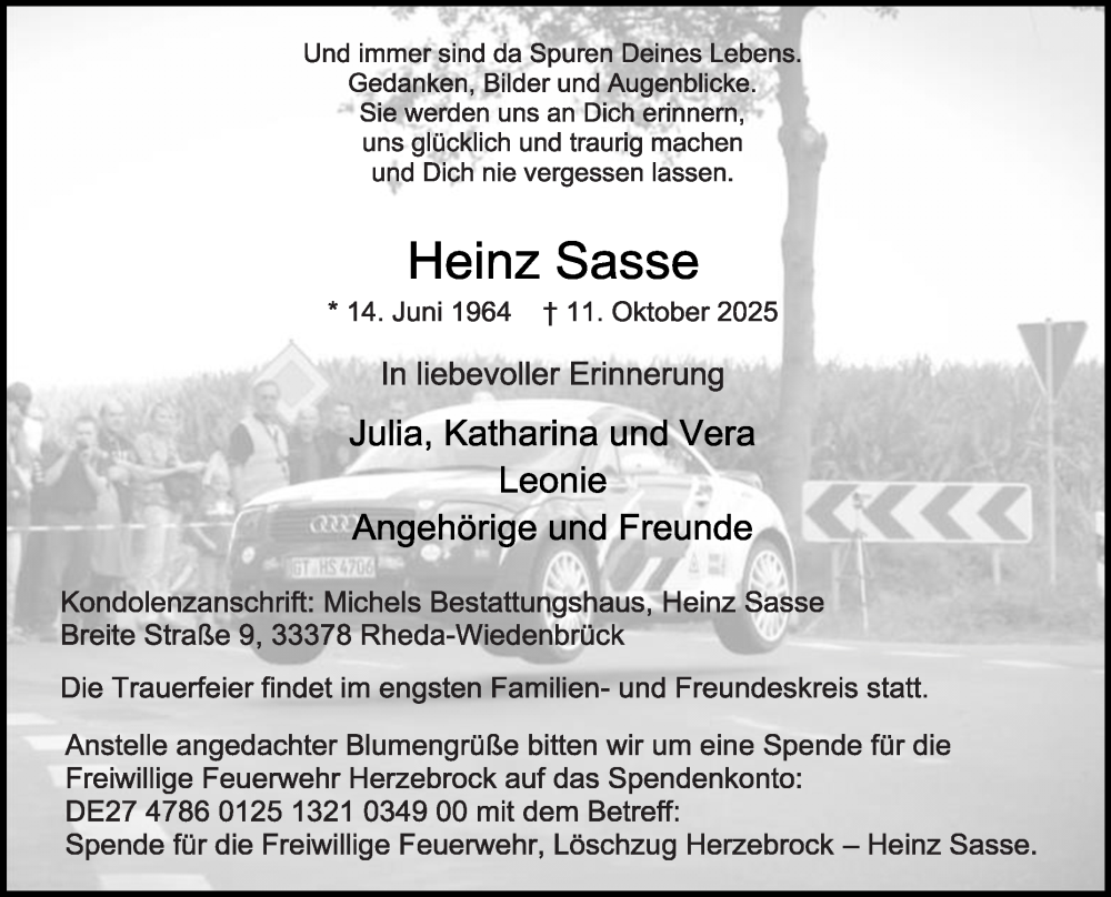  Traueranzeige für Heinz Sasse vom 25.10.2025 aus Die Glocke