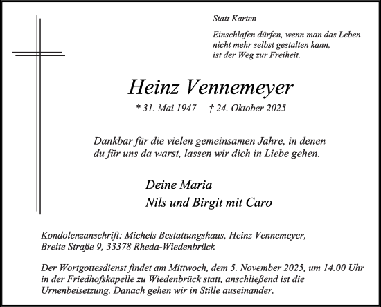 Traueranzeige von Heinz Vennemeyer von Die Glocke