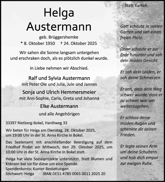Traueranzeige von Helga Austermann von Die Glocke