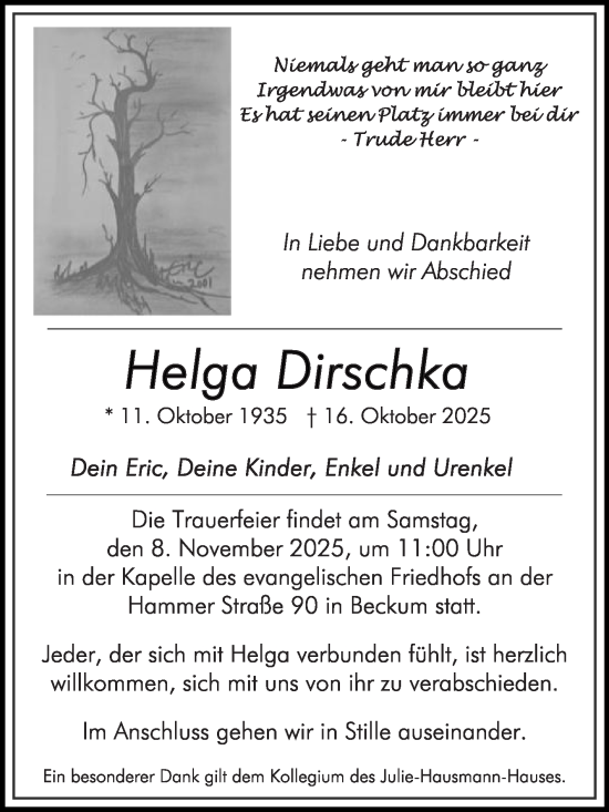 Traueranzeige von Helga Dirschka von Die Glocke