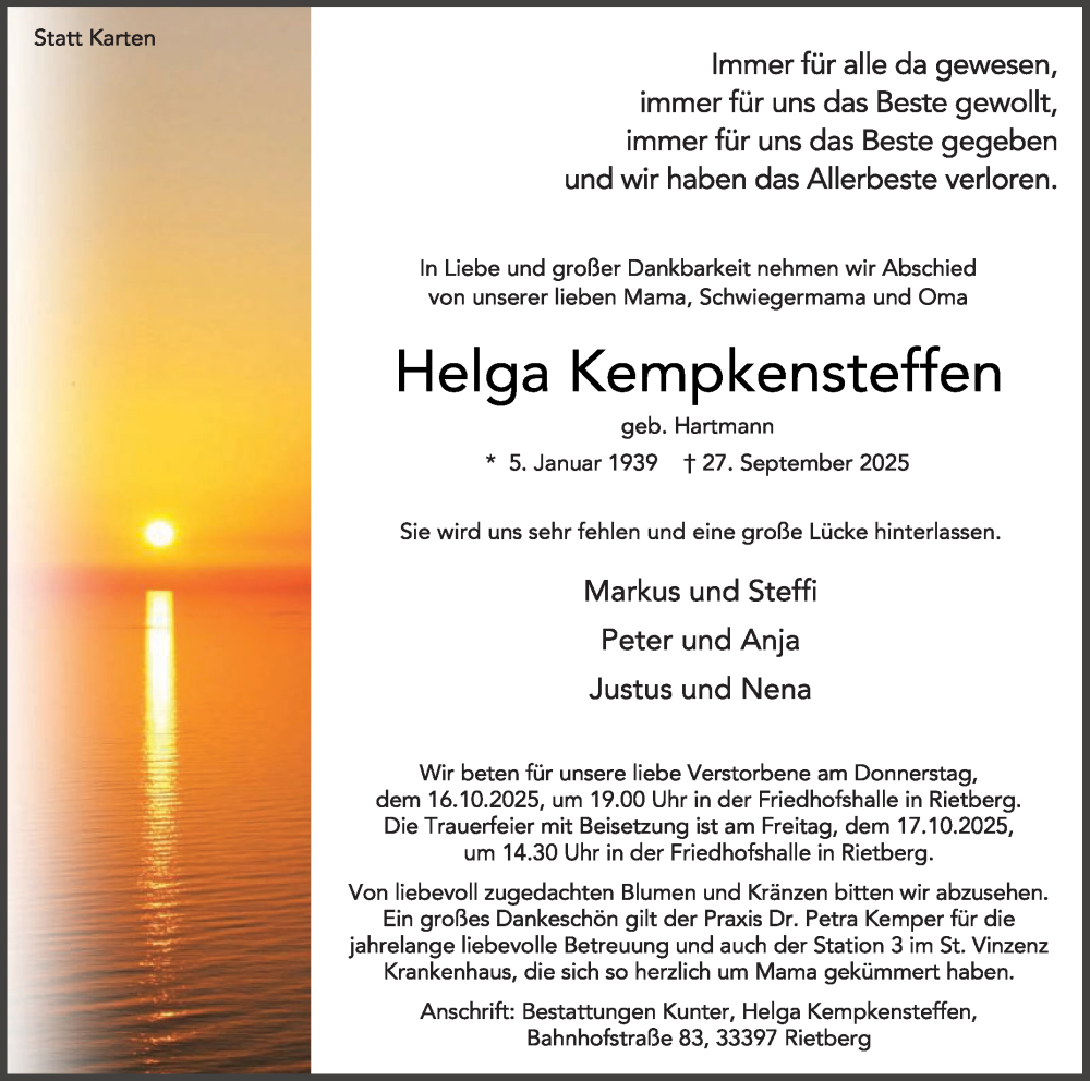  Traueranzeige für Helga Kempkensteffen vom 11.10.2025 aus Die Glocke
