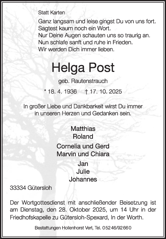 Traueranzeige von Helga Post von Die Glocke