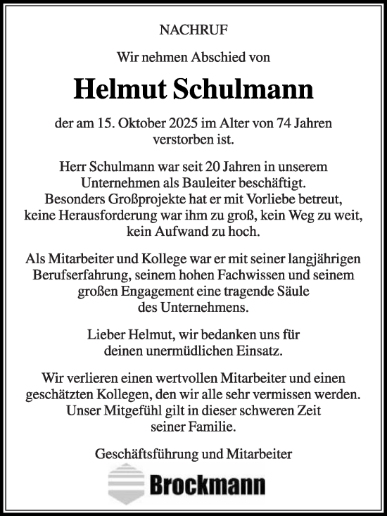Traueranzeige von Helmut Schulmann von Die Glocke