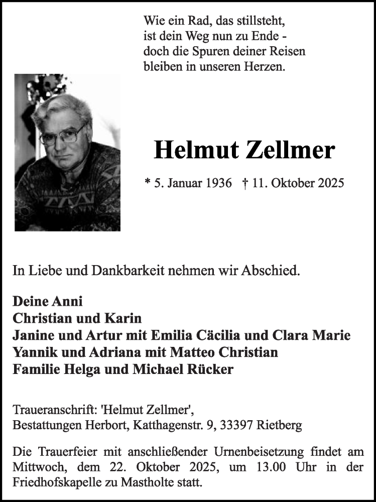  Traueranzeige für Helmut Zellmer vom 18.10.2025 aus Die Glocke