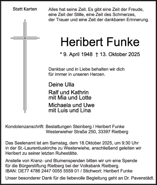Traueranzeige von Heribert Funke von Die Glocke