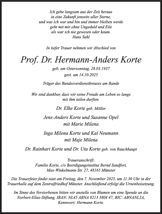 Traueranzeige von Hermann-Anders Korte von Die Glocke