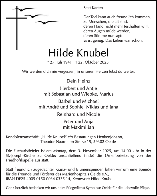 Traueranzeige von Hilde Knubel von Die Glocke