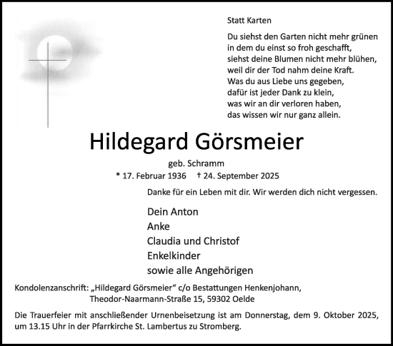 Traueranzeige von Hildegard Görsmeier von Die Glocke