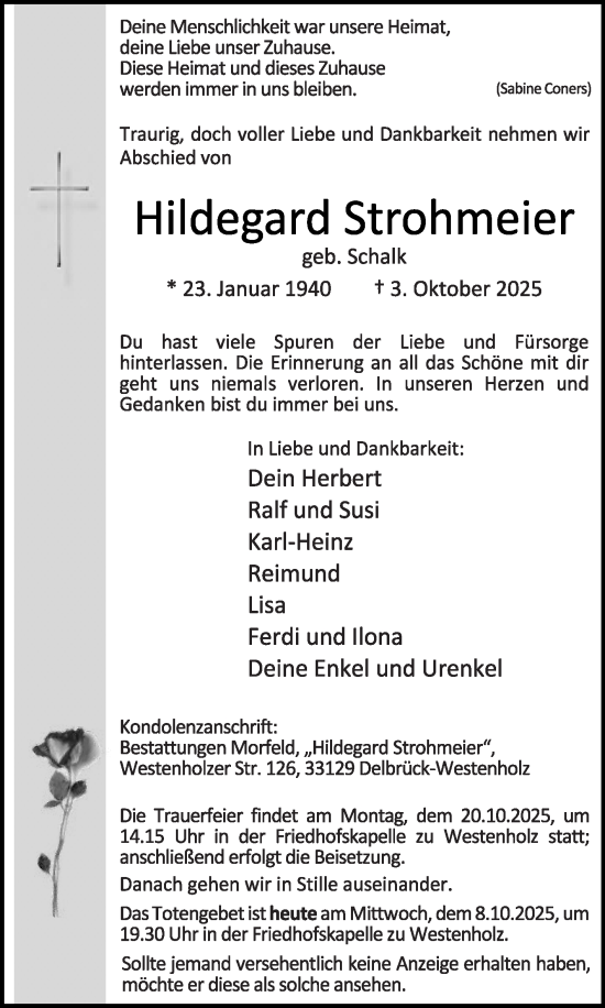 Traueranzeige von Hildegard Strohmeier von Die Glocke