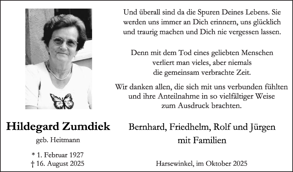  Traueranzeige für Hildegard Zumdiek vom 31.10.2025 aus Die Glocke
