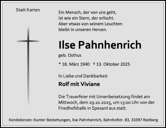 Traueranzeige von Ilse Pahnhenrich von Die Glocke