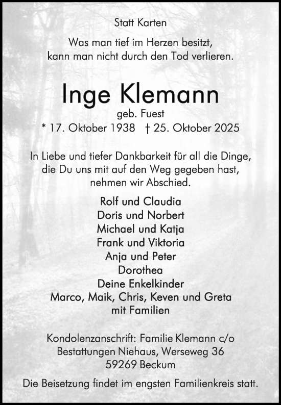 Traueranzeige von Inge Klemann von Die Glocke