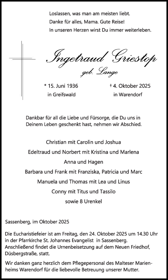 Traueranzeige von Ingetraud Griestop von Die Glocke