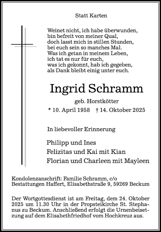 Traueranzeige von Ingrid Schramm von Die Glocke
