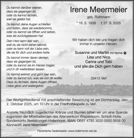Traueranzeige von Irene Meermeier von Die Glocke