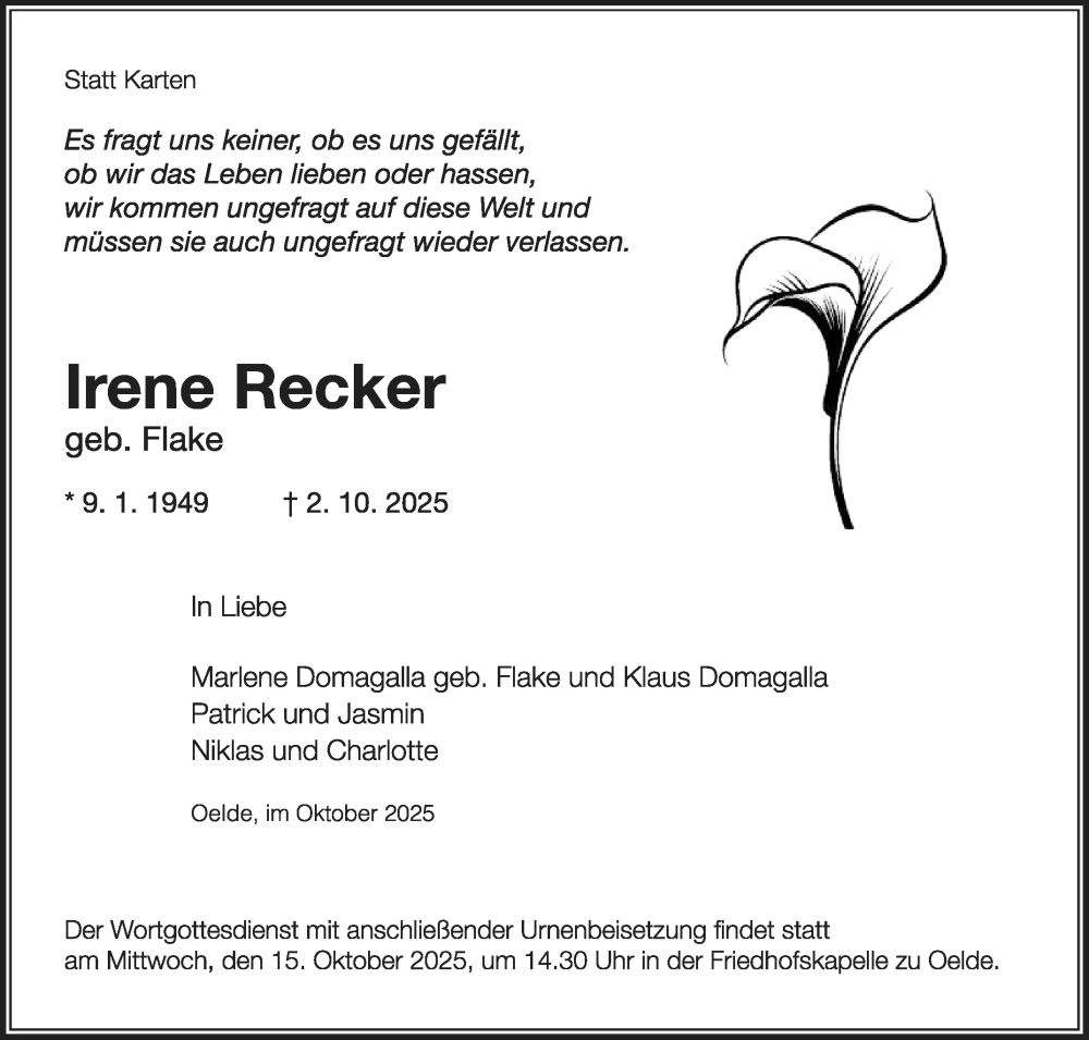  Traueranzeige für Irene Recker vom 11.10.2025 aus Die Glocke