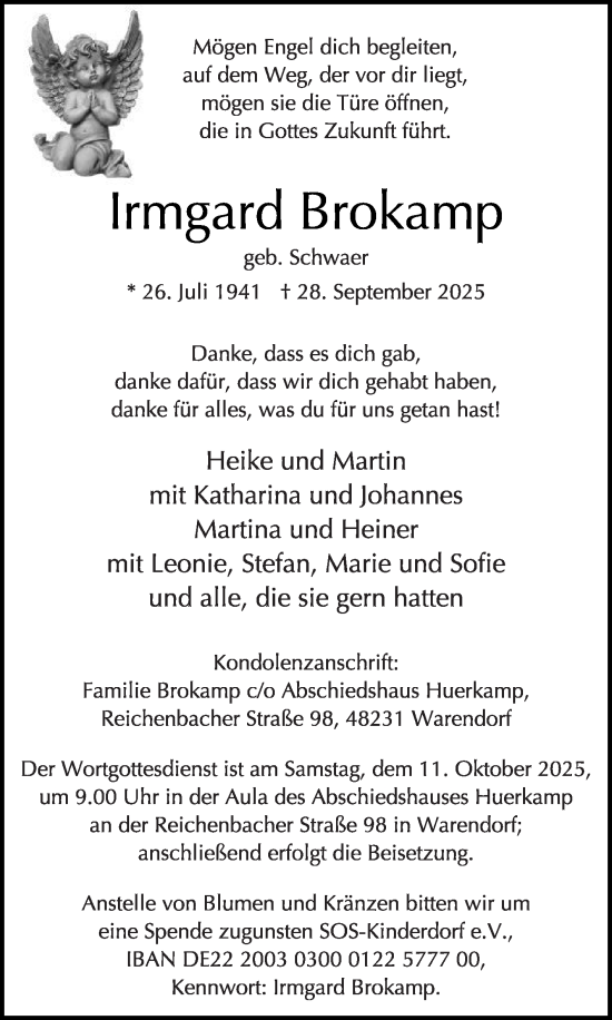 Traueranzeige von Irmgard Brokamp von Die Glocke