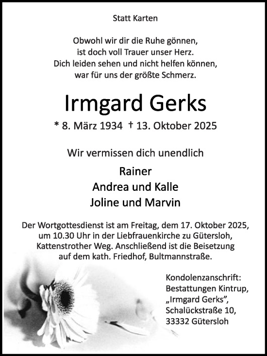 Traueranzeige von Irmgard Gerks von Die Glocke
