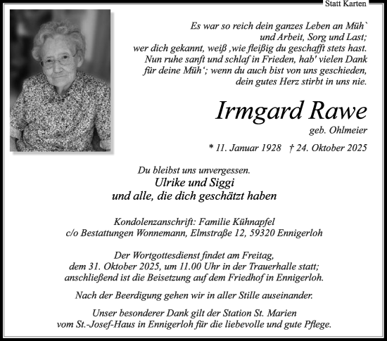 Traueranzeige von Irmgard Rawe von Die Glocke