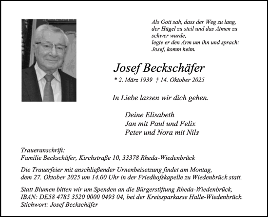 Traueranzeige von Josef Beckschäfer von Die Glocke
