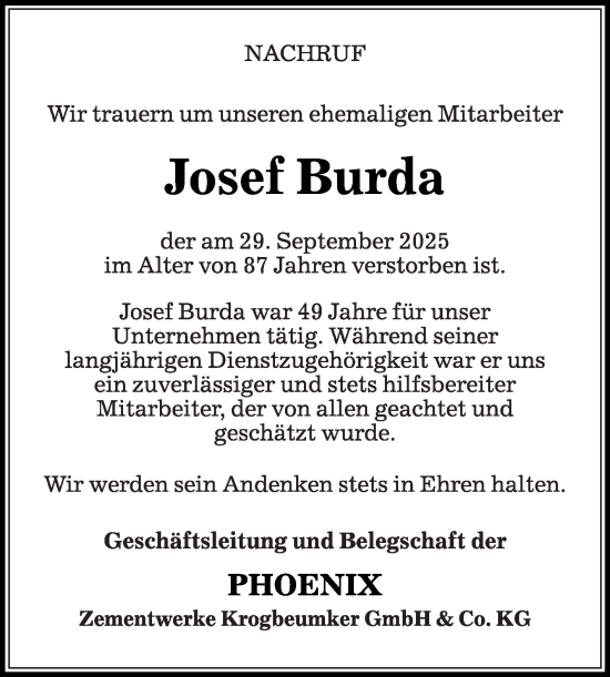 Traueranzeige von Josef Burda von Die Glocke