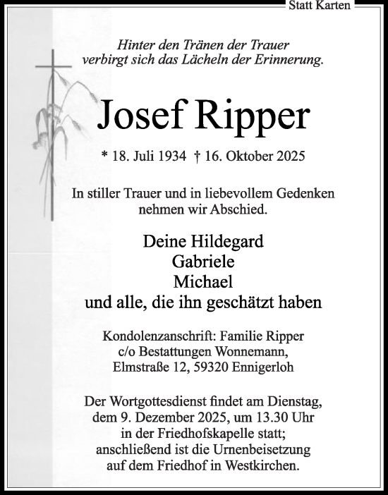 Traueranzeige von Josef Ripper von Die Glocke