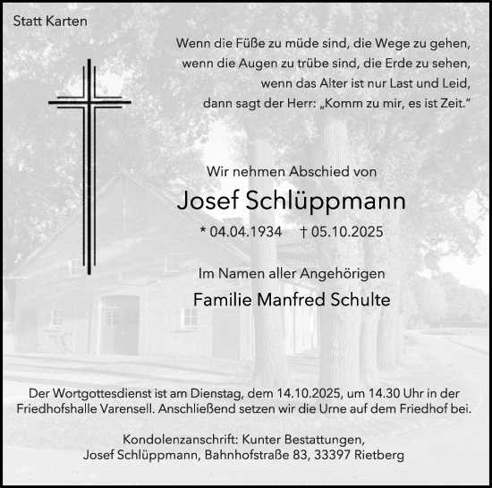 Traueranzeige von Josef Schlüppmann von Die Glocke