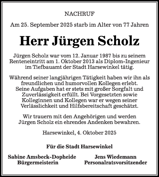 Traueranzeige von Jürgen Scholz von Die Glocke