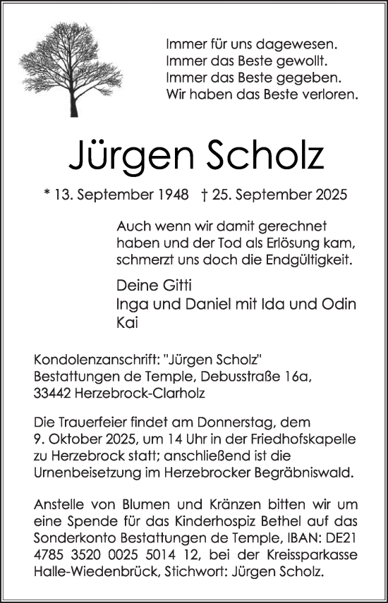 Traueranzeige von Jürgen Scholz von Die Glocke