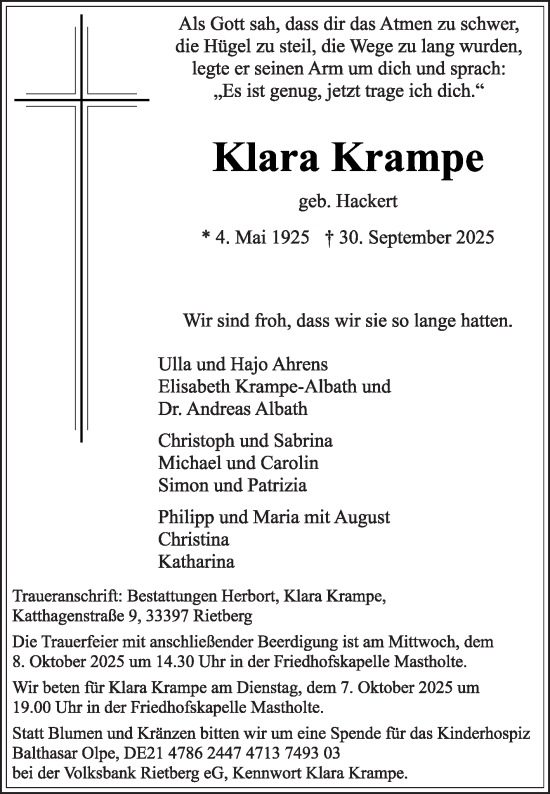 Traueranzeige von Klara Krampe von Die Glocke