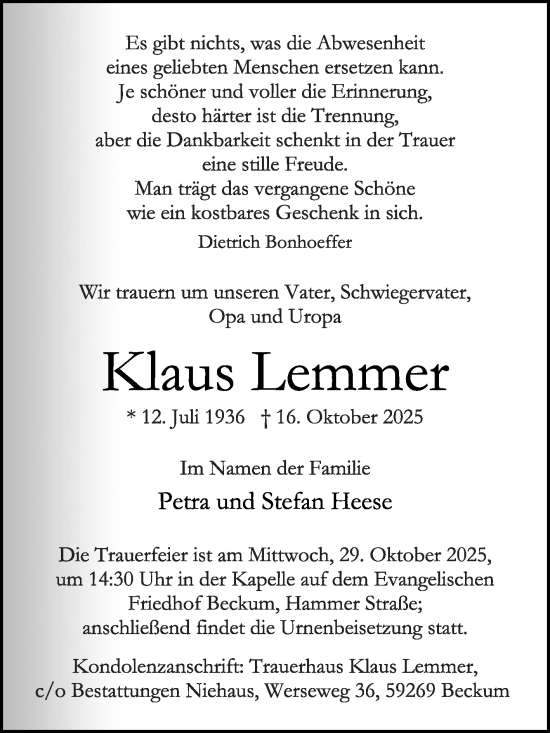 Traueranzeige von Klaus Lemmer von Die Glocke
