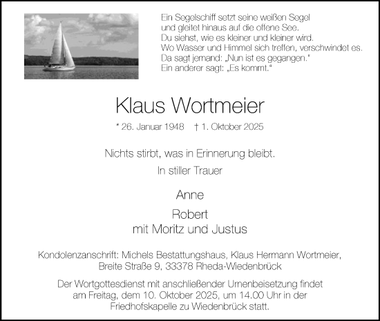 Traueranzeige von Klaus Wortmeier von Die Glocke