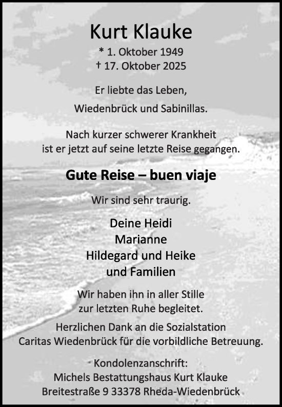 Traueranzeige von Kurt Klauke von Die Glocke