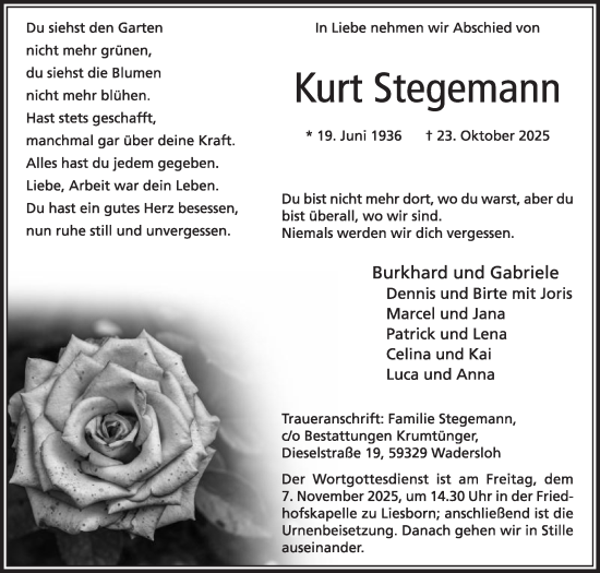 Traueranzeige von Kurt Stegemann von Die Glocke